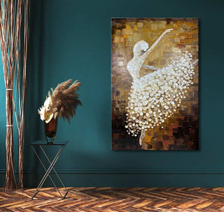 Hand-painted Blooming Ballerina in textured gold and ivory tones, depicting a modern palette knife rendition on canvas, set in an elegant room.
