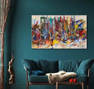 Blooming City - Olieverf op canvas: A vibrant abstract cityscape painting, hand-painted, displayed above a teal sofa, enhancing modern interiors with its vivid colors and dynamic composition.