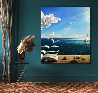 Surreal oil painting Salvador Dali signature - Book to Birds features pages transforming into birds over ocean waves, capturing a dreamlike maritime scene.