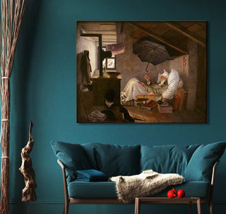 Carl Spitzweg's Der Arme Poet hand-painted oil reproduction, depicting a scholar in an attic. Displayed above a modern teal sofa with contemporary decor.