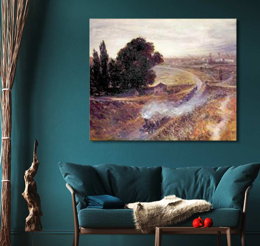Cozy living-room with teal sofa, featuring Carl Spitzweg's 'Poetischer Realismus' landscape painting, depicting a steam train in a rural scene.