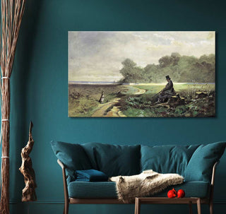 Carl Spitzweg's 'Der Sonntagsjäger' oil painting features a 19th-century gentleman watching a hare on a path, displayed above a teal mid-century sofa.