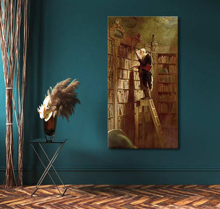 Carl Spitzweg - Der Bücherwurm: Tall canvas of an elderly man on a library ladder reading, surrounded by a sleek side table and decorative elements.