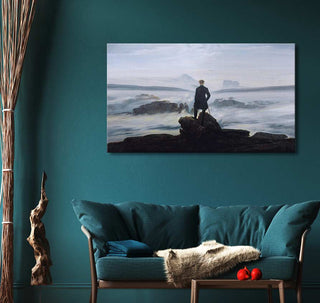 Caspar David Friedrich's Der Wanderer über dem Nebelmeer oil painting, featuring a lone figure on a rocky outcrop, hand-painted for interior design elegance.