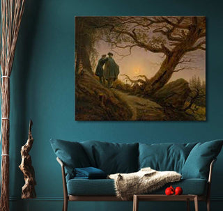 Caspar David Friedrich's Zwei Männer in Betrachtung des Mondes oil painting, depicting two figures under moonlight, elegantly framed in a modern living space.