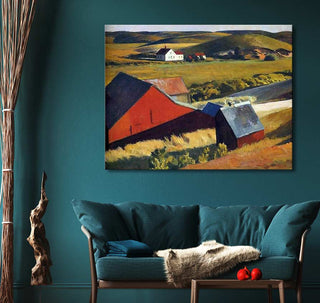 Edward Hopper's Cobbs Barns and Distant Houses landscape painting above teal sofa, featuring red barns and a farmhouse, ideal for modern interior design.