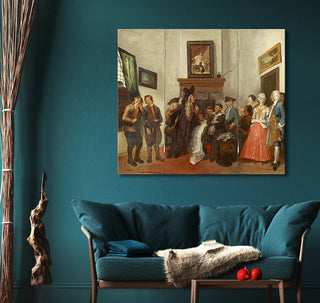 Cornelis Troost's triptych 'Beslikte Swaantje' features an 18th-century scene with people in period dress, meticulously painted, enhancing any elegant living space.