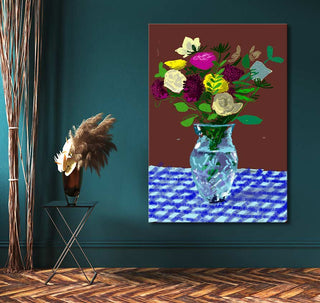David Hockney's 20 Flowers painting shows vibrant flowers in a vase against a teal wall, complemented by modern decor elements, ideal for art lovers.
