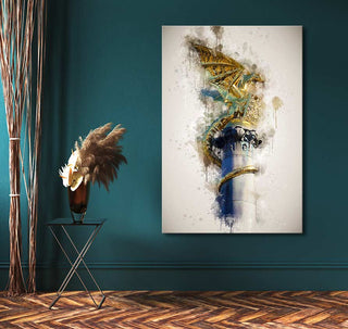 De Draak van Den Bosch - Olieverf op canvas displayed in a modern interior, featuring a stylized column with a gilded dragon, perfect for expressive art enthusiasts.