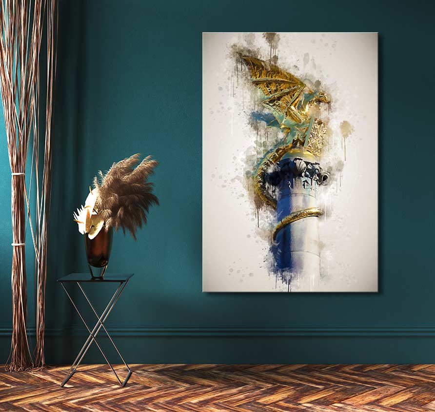De Draak van Den Bosch - Olieverf op canvas displayed in a modern interior, featuring a stylized column with a gilded dragon, perfect for expressive art enthusiasts.
