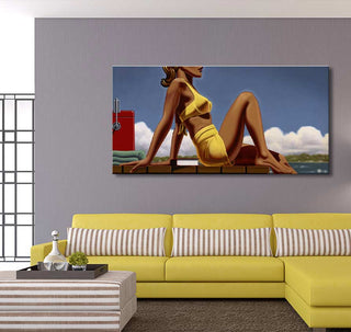 Kenton Nelson - Dockside: A retro-style painting of a woman in a yellow bathing suit on a dock, enhancing a modern living room's pop art aesthetic.