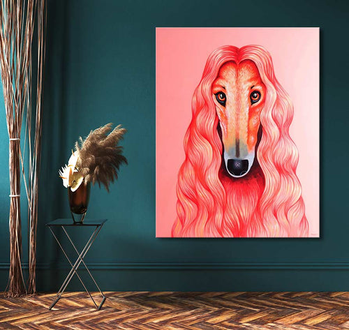 Stylized Afghan hound head with flowing pink-red hair on high-quality oil canvas, displayed on deep teal wall with black metal side table and pampas plumes.