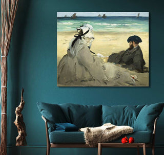 Mid-century living room with Edouard Manet's On the Beach oil painting, featuring a seaside scene, above a teal sofa with a fur throw.