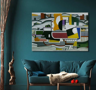 Fernand Leger’s The Large Tug Boat abstract painting with geometric shapes above a teal sofa in a stylish living room setting.