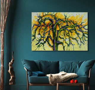 Frans van Veen - De Perelaar (90x60cm), a textured abstract tree oil painting, adorns a teal wall, enhancing a modern living room with sophisticated artistry.
