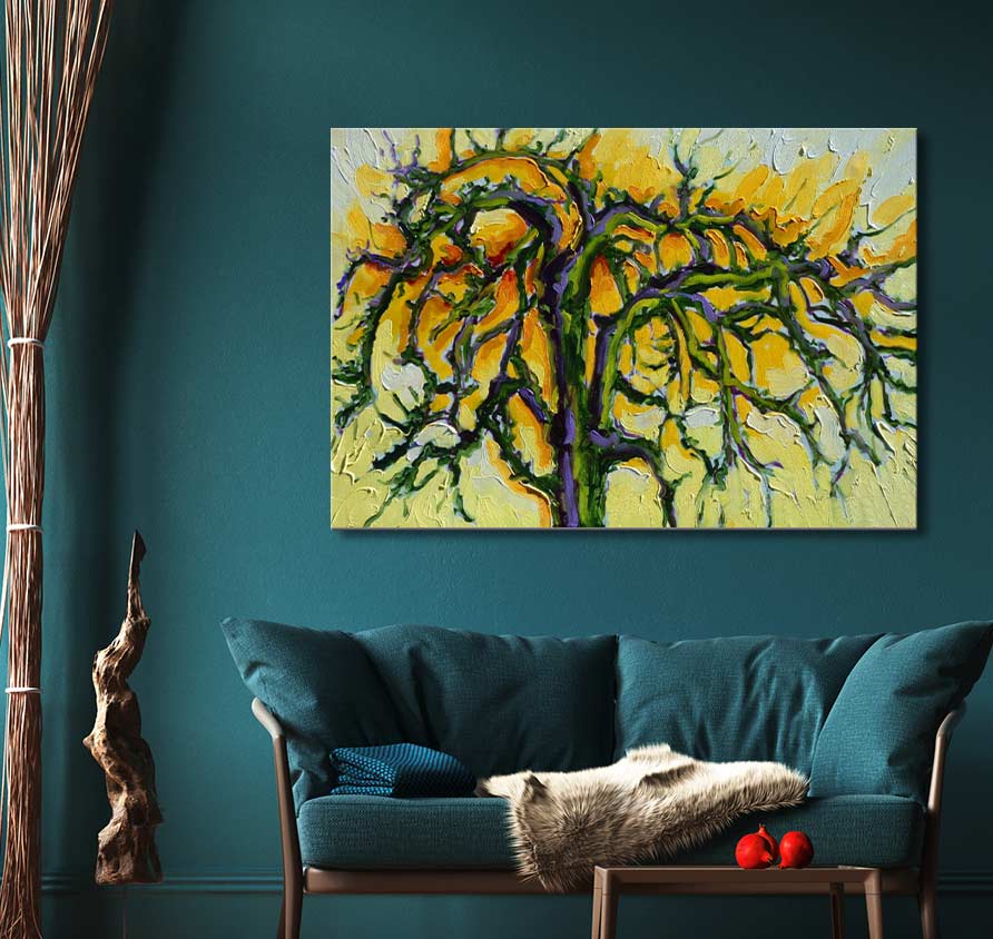 Frans van Veen - De Perelaar (90x60cm), a textured abstract tree oil painting, adorns a teal wall, enhancing a modern living room with sophisticated artistry.