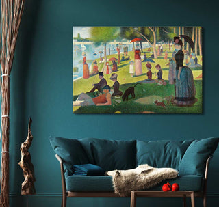 Georges Seurat's A Sunday Afternoon on the Island of La Grande Jatte framed reproduction above teal sofa in modern lounge.
