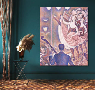Georges Seurat's Le Chahut oil painting depicting a conductor and two can-can dancers in a pointillist style, ideal for modern art enthusiasts.