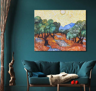 Vincent van Gogh's Olijfbomen in Montmajour oil painting, showcasing impressionistic olive trees with swirling skies, hangs above a teal sofa with organic accents.
