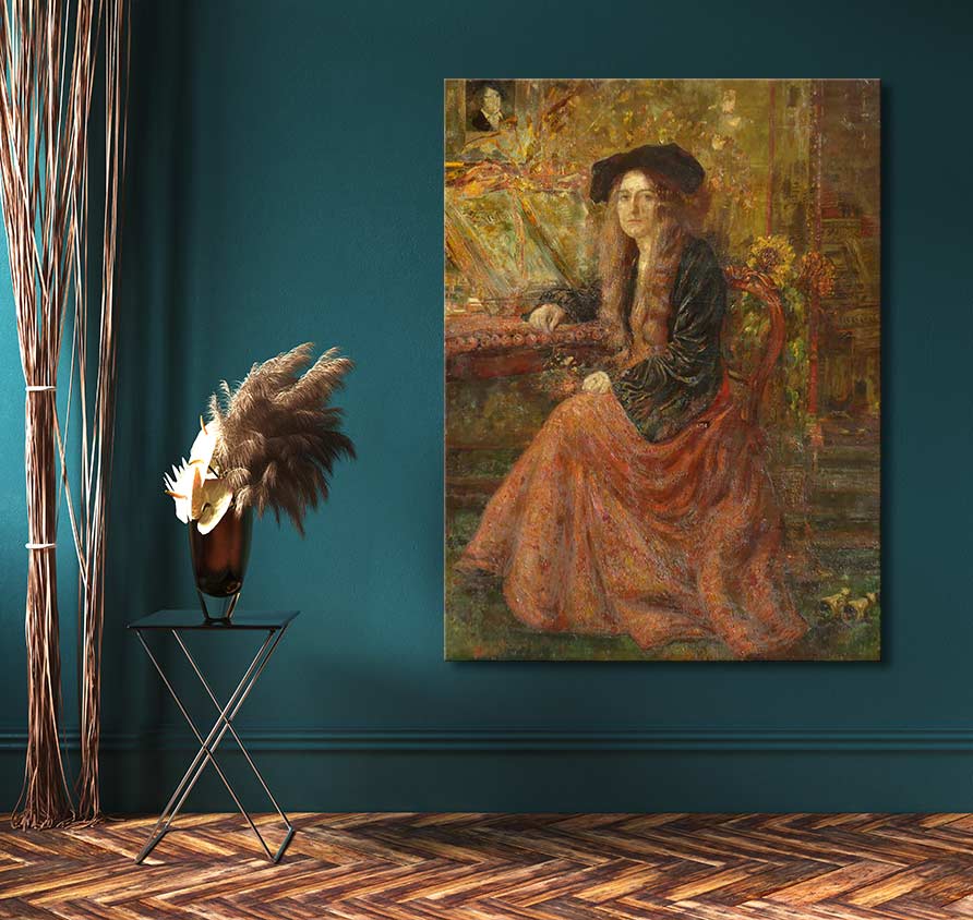 Henry de Groux's 'Tristan en Isolde' painting features a woman at a decorative desk, styled with pampas grass and branches, enhancing any classic art collection.