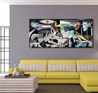 Cubist-style abstract painting inspired by Picasso's Guernica, featuring grayscale figures with color accents, displayed above a bold yellow L-shaped sofa in a modern living room.