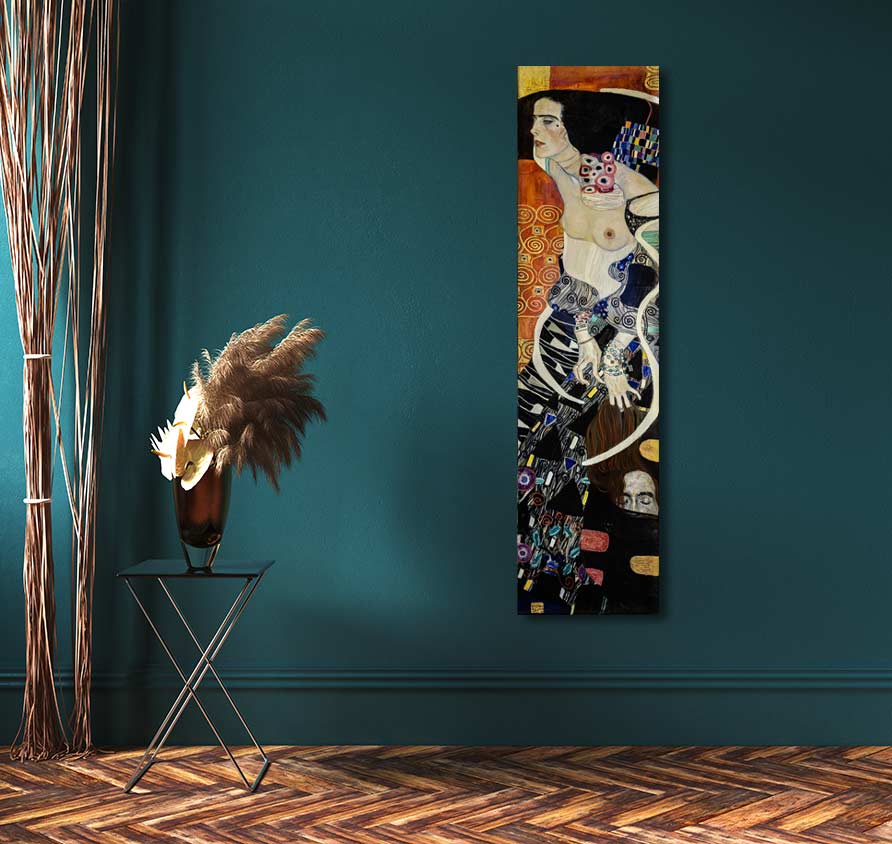 Gustav Klimt's Judith 2, a hand-painted oil on canvas, featuring a richly patterned figure, elegantly displayed in a modern interior with dried pampas.