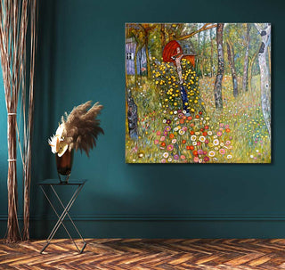 Gustav Klimt’s Farm Garden with Crucifix features a vibrant floral and woodland scene. Displayed in a styled interior with dried grasses and herringbone flooring.