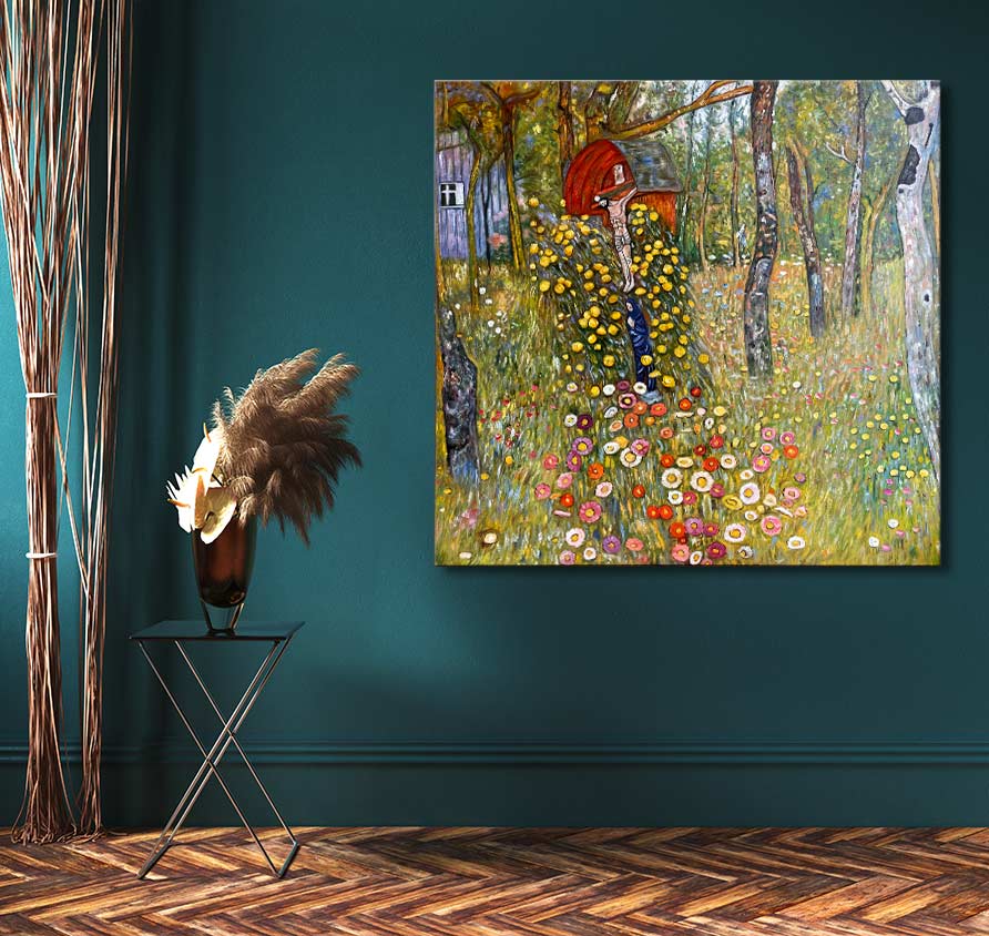 Gustav Klimt’s Farm Garden with Crucifix features a vibrant floral and woodland scene. Displayed in a styled interior with dried grasses and herringbone flooring.