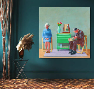 David Hockney's My Parents oil painting depicting an elderly couple seated on chairs. Ideal for modern impressionist art enthusiasts. Ready-to-hang, UV-protected canvas.