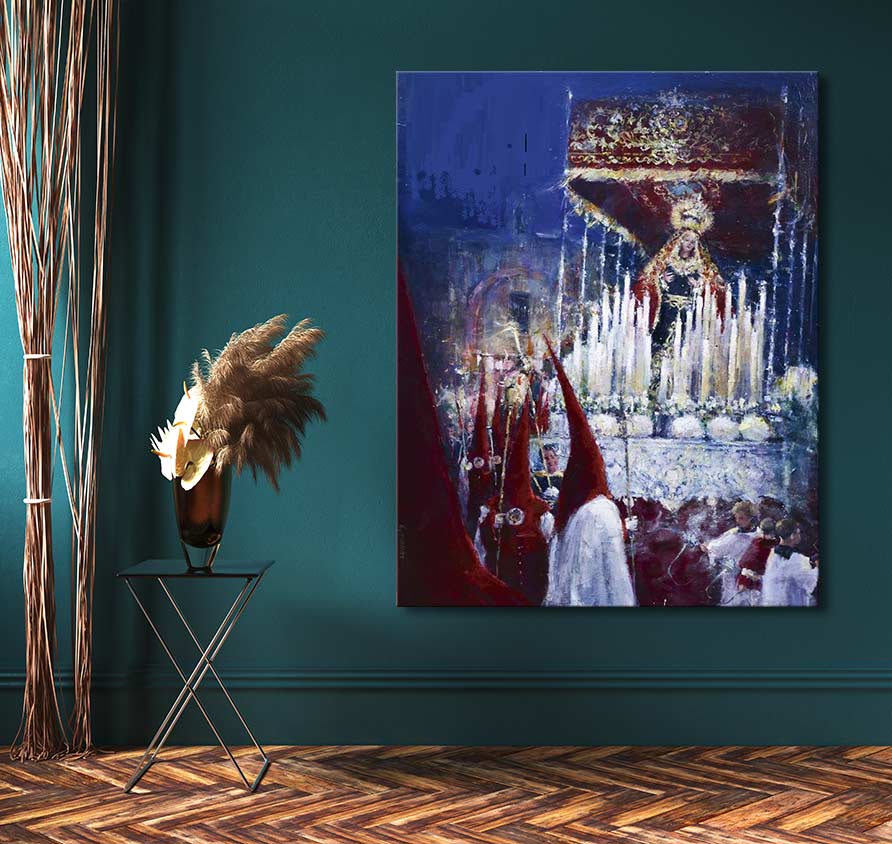 Impressionistic oil painting Processie in Malaga 2 depicting a Holy Week procession with hooded penitents and a Madonna-like figure under a canopy.