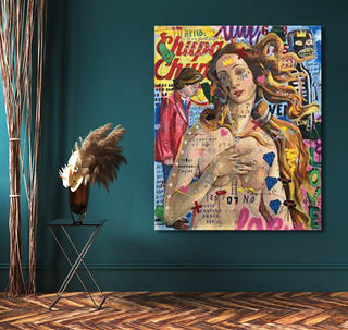Jisbar's Venus Hockney painting: A pop art canvas with a Botticelli-inspired figure and graffiti elements, displayed in a modern teal living space.