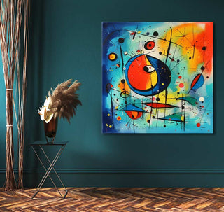 Abstract painting Joan Miro-signature - 2 ISO with primary colors on teal wall, paired with a vase of dried pampas grass; ideal for modern interiors.