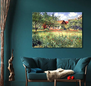 Impressionistic landscape by Johan Ericson, Farm House, showcasing a sunlit meadow with trees, on a teal wall above a cozy sofa. Hand-painted, ready to hang.