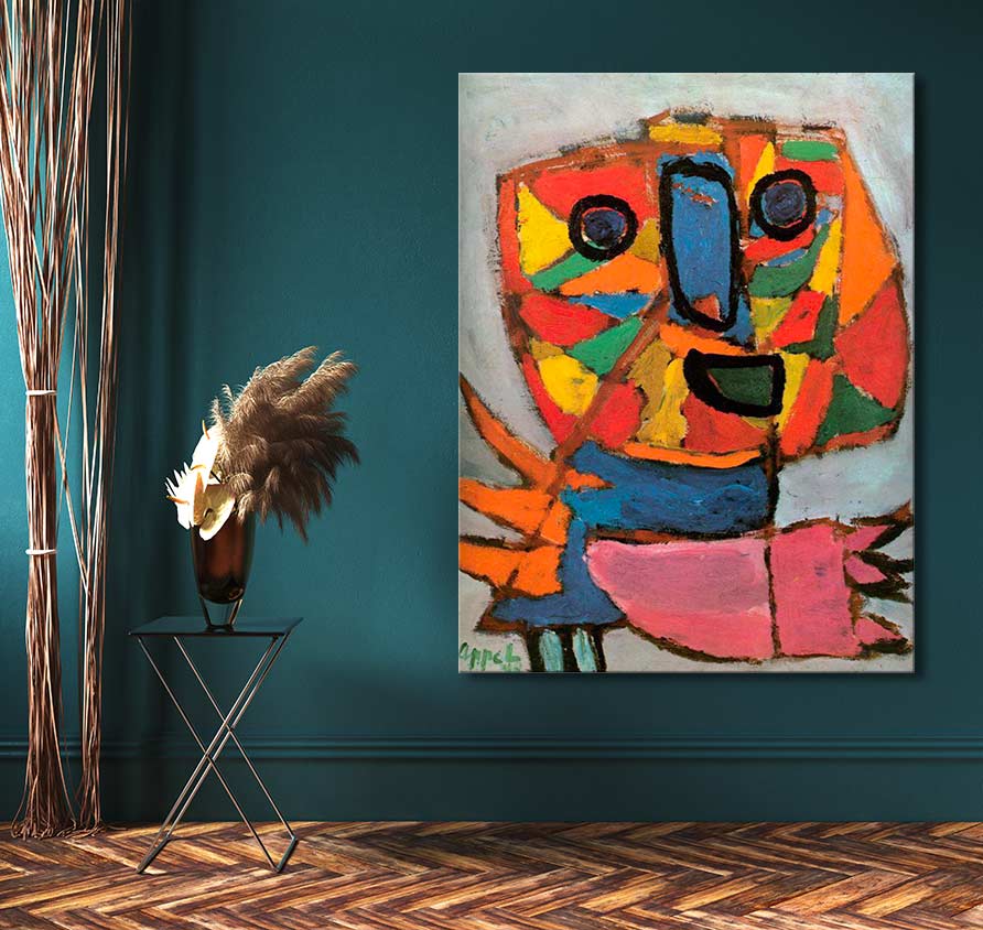 Bevrijdingsschreeuw 1948 by Karel Appel, an abstract oil painting with vibrant geometric shapes suggesting a whimsical face, mounted on a teal wall.