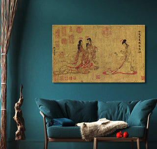 Ku K'ai-chih oil painting on canvas, depicting three court ladies in traditional robes, elegantly displayed above a teal loveseat with modern decor elements.