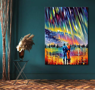 Leonid Afremov's Couple under the Aurora Borealis, vibrant oil painting of two figures under colorful sky. Perfect for romantic modern art enthusiasts.