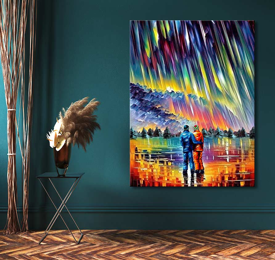 Leonid Afremov's Couple under the Aurora Borealis, vibrant oil painting of two figures under colorful sky. Perfect for romantic modern art enthusiasts.