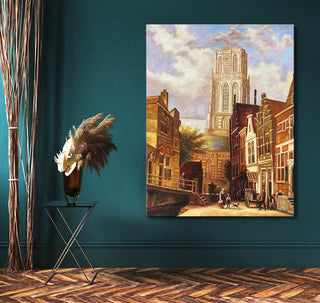 Oil painting Lange Torenstraat Rotterdam na demping 1835 depicting a bustling European street with townsfolk, horse-drawn cart, and cathedral, elegantly displayed on teal wall.