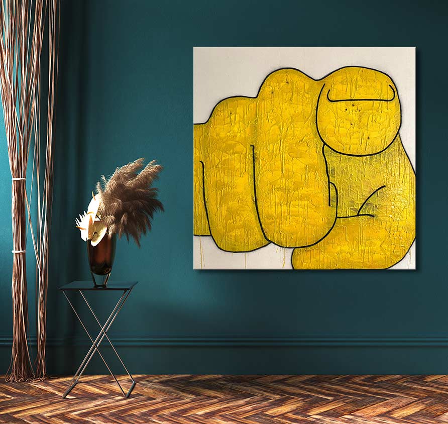 Leonard Forslund's #1: A contemporary pop art painting of a stylized fist, oil on museum-quality canvas, displayed in a modern room with dried grasses.