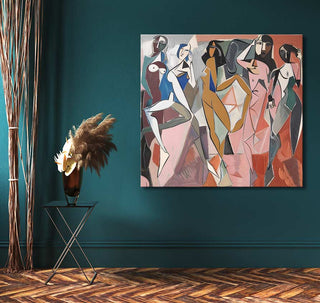Cubist-style painting of five abstract female figures, inspired by Picasso, on teal wall. Features black-metal side table with pampas grass.