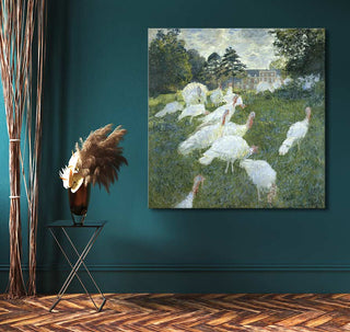 Claude Monet - Les Dindons: Impressionist oil painting of white turkeys in a meadow, stretched on a wooden frame, ready to hang, UV-protected.
