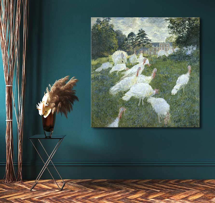 Claude Monet - Les Dindons: Impressionist oil painting of white turkeys in a meadow, stretched on a wooden frame, ready to hang, UV-protected.