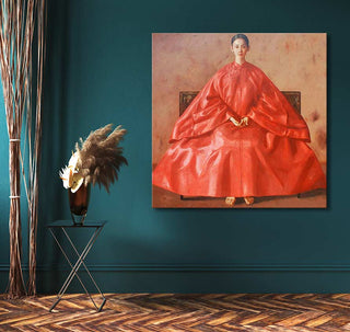 Lu Jun Jian – Sun and Moon painting features a woman in a red gown, seated with folded hands. Displayed in a tastefully decorated corner with pampas grass.