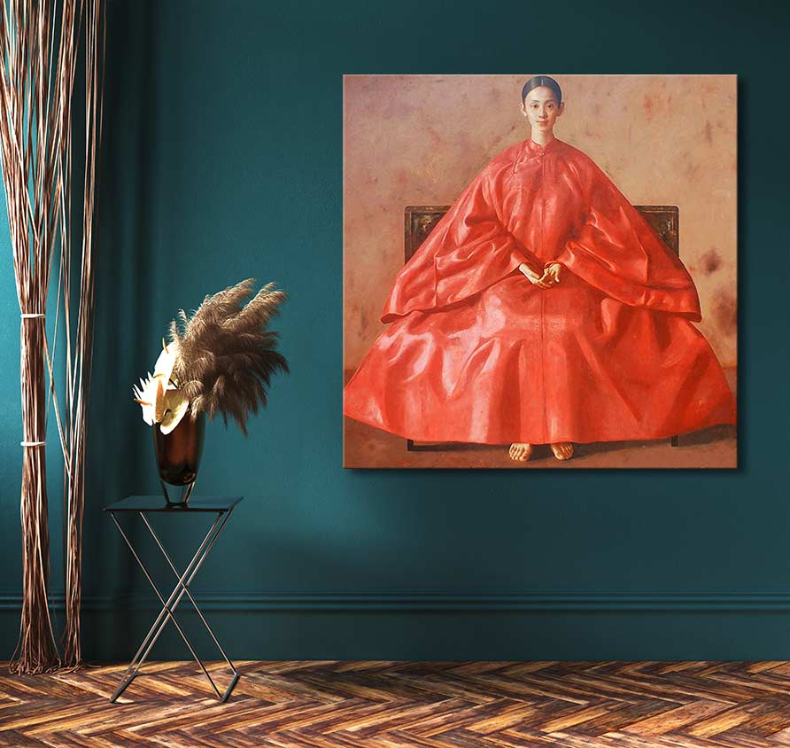 Lu Jun Jian – Sun and Moon painting features a woman in a red gown, seated with folded hands. Displayed in a tastefully decorated corner with pampas grass.