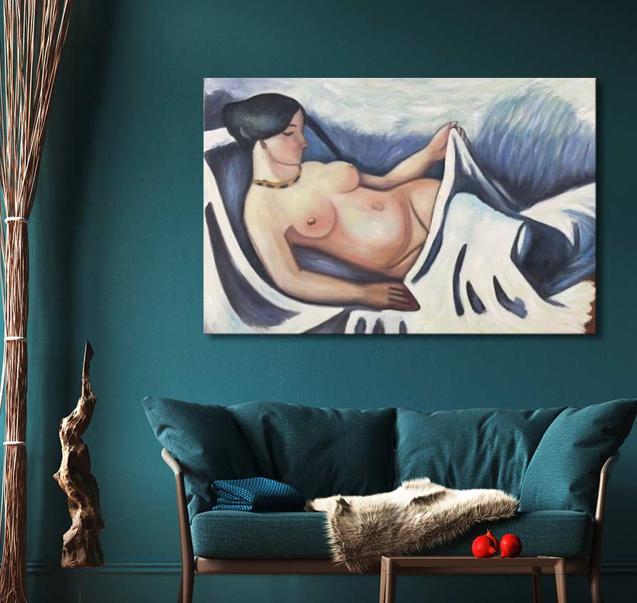Handgeschilderd schilderij August Macke – Liggende Vrouw, impressionistische stijl, toont een naakte vrouw op canvas, perfect voor moderne kunstliefhebbers.