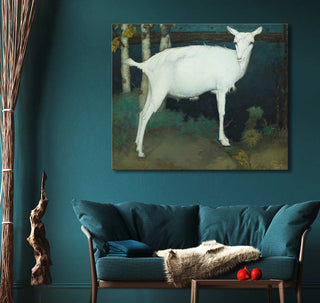 Jan Mankes - Jonge Witte Geit oil painting features a white deer in a forest, framed above a teal sofa, enhancing cozy interiors.