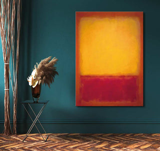 Rothko signature - Yellow on Red, a hand-painted abstract oil painting with yellow and red blocks, mounted on a deep-teal wall, complements minimalist decor.