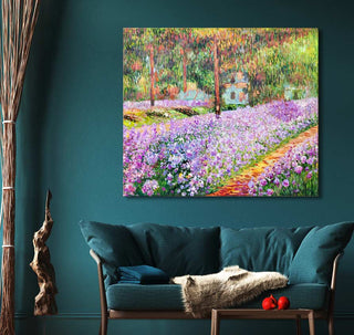 Handgeschilderd olieverfschilderij Bloementuin van Claude Monet, impressionistisch doek van zonovergoten bloemenveld, perfect voor interieurontwerp.