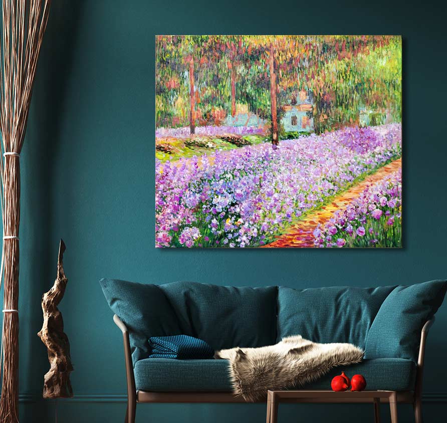 Handgeschilderd olieverfschilderij Bloementuin van Claude Monet, impressionistisch doek van zonovergoten bloemenveld, perfect voor interieurontwerp.