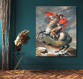 Jacques Louis David's Napoleon Bonaparte steekt de Alpen over oil painting, depicting Napoleon on a white horse, mounted on wood, ready to hang.